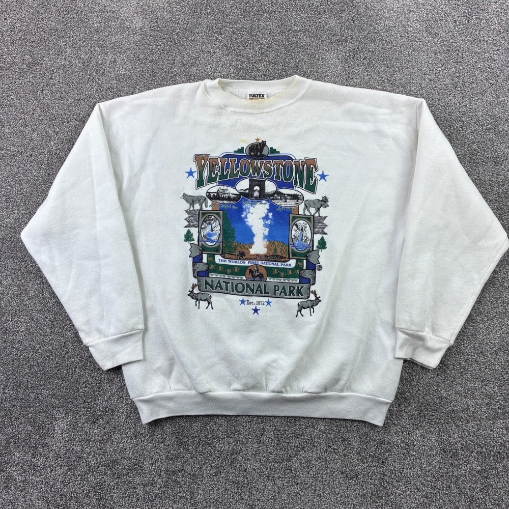 Vintage Yellowstone National Park Sweatshirt Mens XL White Nature Animals Hiking